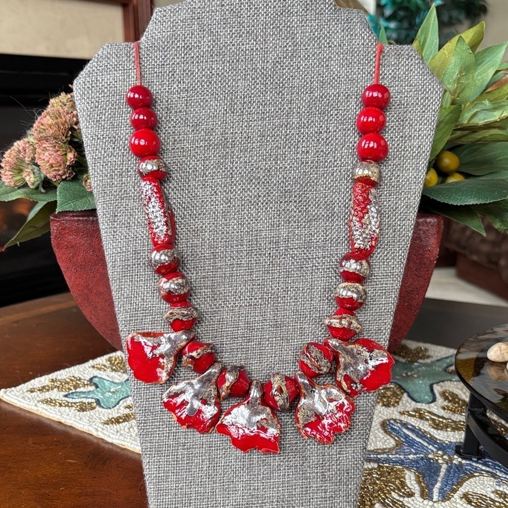 Vintage Red & Silver Tone Beaded Long Necklace Leather Cord Abstract Ceramic - Picture 2 of 15